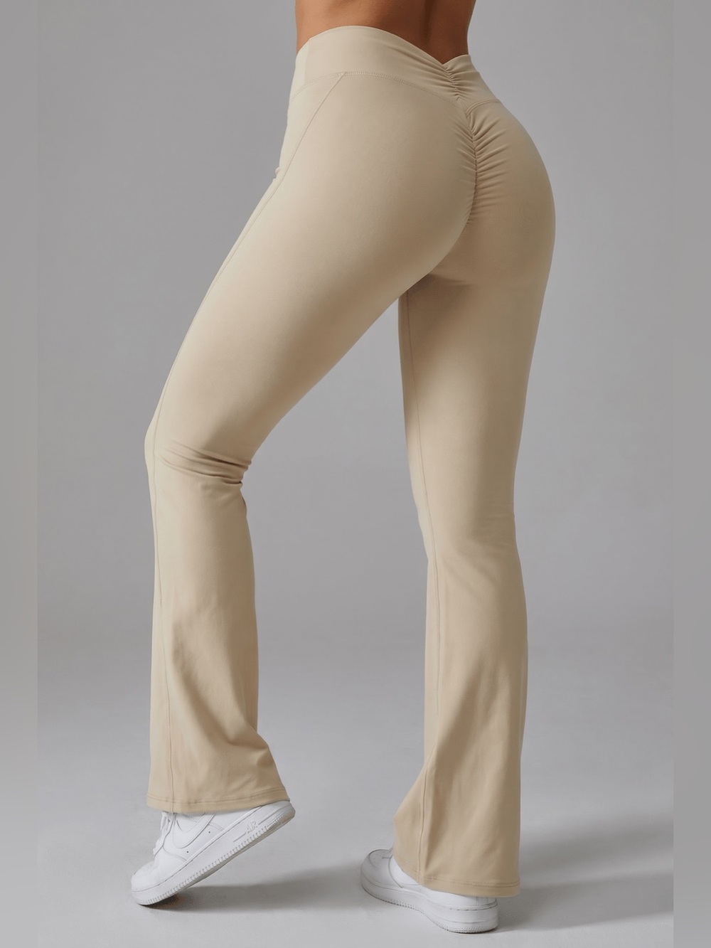 PECHEE BUM Nude Beige Butt V-Front Scrunch Flare Leggings Workout Loungewear M